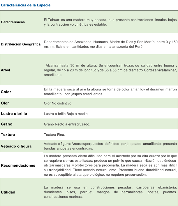 Caracterisicas  El Tahuar es una madera muy pesada, que presenta contracciones lineales bajas y la contraccin volumtrica es estable. Distribucin Geogrfica Departamentos de Amazonas, Hunuco, Madre de Dios y San Martn; entre 0 y 1500  msnm. Existe en cantidades me dias en la amazona del Per. Arbol Alcanza hasta 36 m de altura. Se encuentran trozas de calidad entre buena y regular, de 15 a 20 m de longitud y de 35 a 55 cm de dimetro Corteza viva laminar, amarillenta. Color  En la madera seca al aire la albura se torna de color amarilloy el duramen marrn amarillento , con jaspes amarillentos. Olor Olor No distintivo. Lustre o brillo Lustre o brillo Bajo a medio. Grano  Grano Recto a entrecruzado. Textura  Textura Fina. Veteado o figura Veteado o figura: Arcos superpuestos definidos por jaspeado amarillento; presenta bandas angostas encontradas. Recomendaciones La madera presenta cierta dificultad para el acertado por su alta dureza por lo que se requiere sierras estelitadas; produce un polvillo que causa irritacin debindose  utilizar mscaras y protectores para procesarla. La madera seca es an ms difcil su trabajabilidad, Tiene secado natural lento. Presenta buena durabilidad natural, no es susceptible al ata que biolgico, no requiere preservacin. Utilidad La madera se usa en construcciones pesadas, carroceras, ebanistera, durmientes, pisos, parquet, mangos de herramientas, postes, puentes. construcciones marinas. Caracterisicas de la Especie